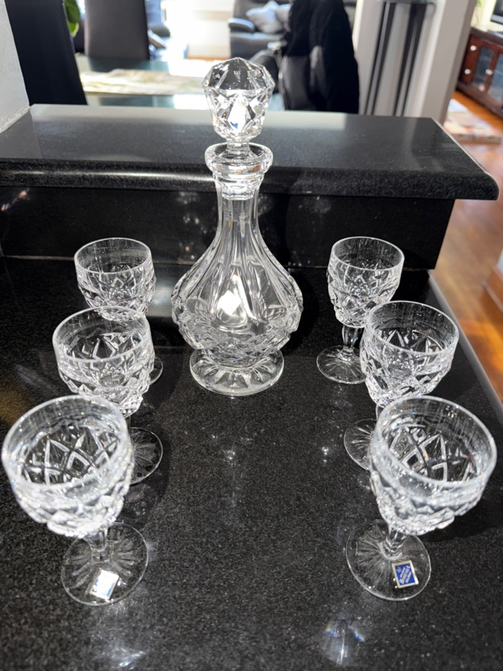 Jihlavske Bohemia sklarny. Clear Crystal Decanter Set with Six Cut-Glass Goblets